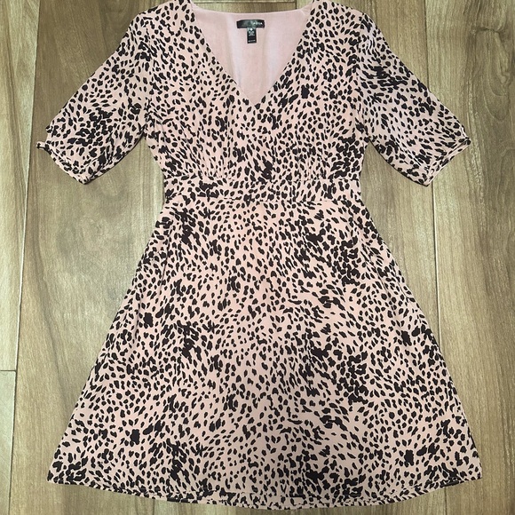 Aqua Pink Black Leopard Print Dress Small V Neck Short Sleeve A Line Pockets - Picture 2 of 12